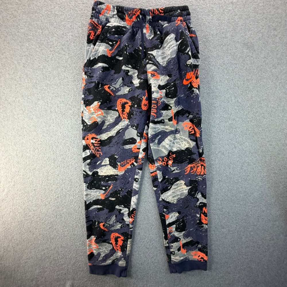 Nike Boys XL Standard Fit Camo Logo Print Fleece Jogger Sweatpants Navy Orange